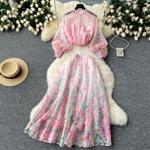 Single-breasted Top&Half-body Skirt Floral 2Pcs