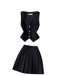 Single-breasted Vest&Pleated Skirt 2Pcs