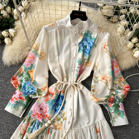 Courtly Lace-up Floral Shirt Dress