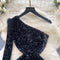 Slant Neckline Sequined Suede Dress