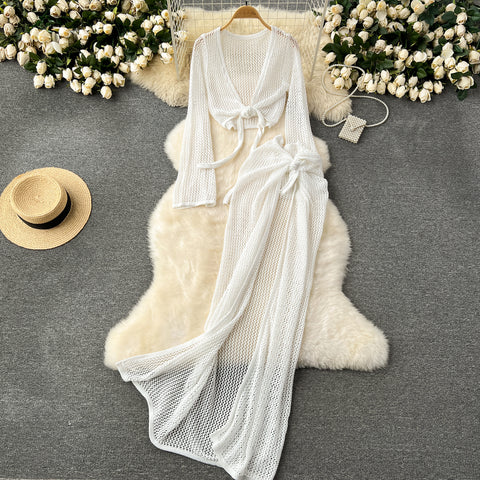V-neck Knitwear&Skirt Hollowed 2Pcs