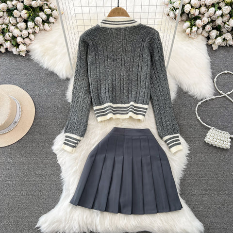 Twisted Cardigan&Pleated Skirt 2Pcs