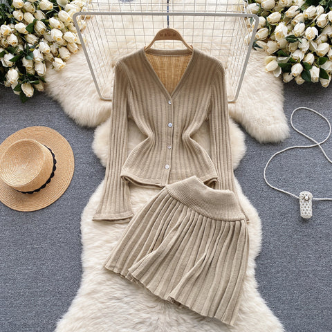 V-neck Cardigan&Pleated Skirt 2Pcs
