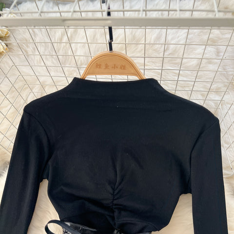 Niche Knitted Dress with PU Waistband