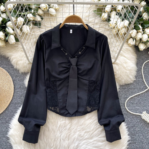 High-end Lace Patchwork Lapeled Blouse