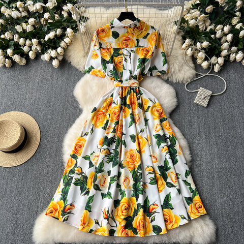 Floral Printed Lace-up Shirt Dress
