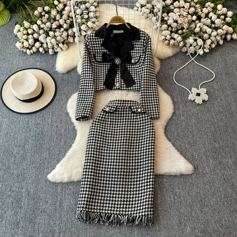 Bow Cardigan&Skirt Houndstooth 2Pcs