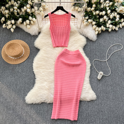 Camisole&Skirt Plaid Knitted 2Pcs