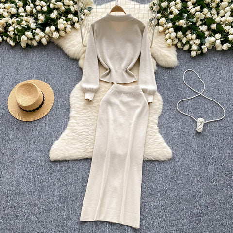 Lapeled Knitwear&Slim Skirt 2Pcs