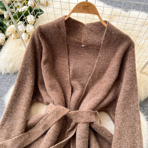 Lace-up Cardigan&Knitted Dress 2Pcs