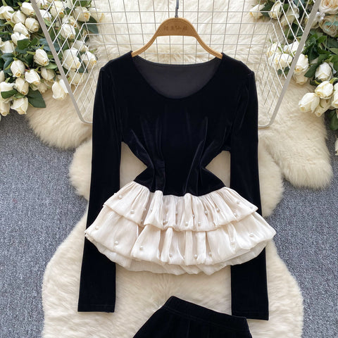 Beaded Ruffled Top & Suede Skirt 2Pcs
