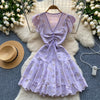 V-neck Hollowed Drawstring Floral Dress