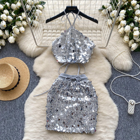 Halter Top&Skirt Sequined 2Pcs
