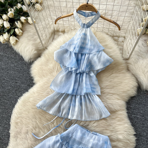 Tie-dye Blue Halter Top & Skirt 2Pcs