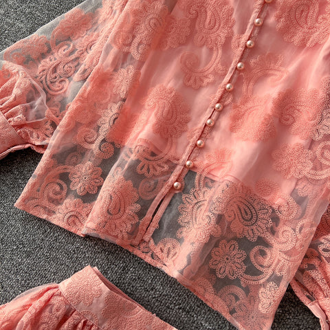 Embroidered Mesh Shirt & Skirt 2Pcs