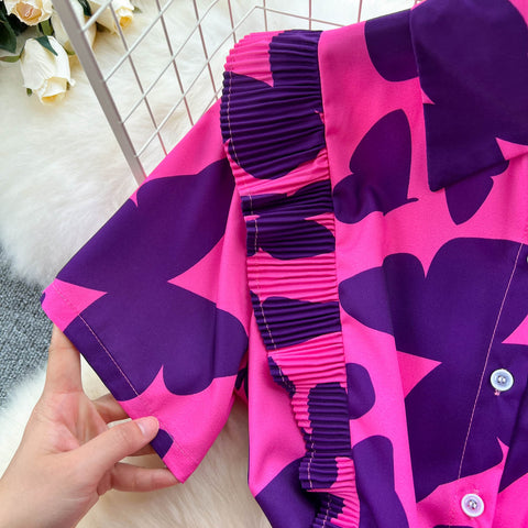 Niche Ruffled Printed Shirt Dress