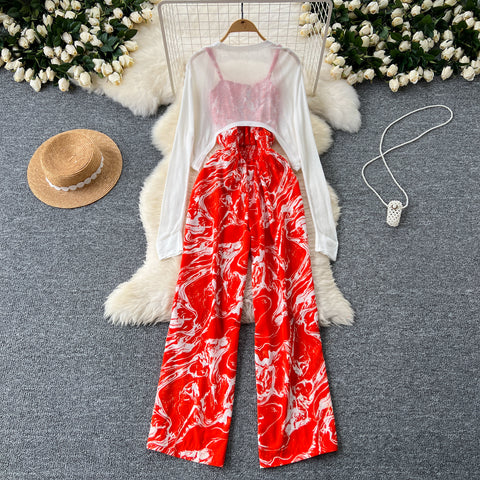 White Cardigan&Floral Jumpsuit 2Pcs