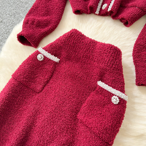 Beaded Cardigan&Slim Skirt Knitted 2Pcs