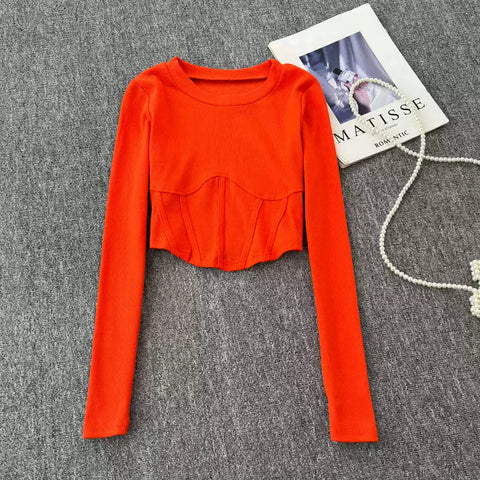 Round Collar Midriff-baring Fishbone Top