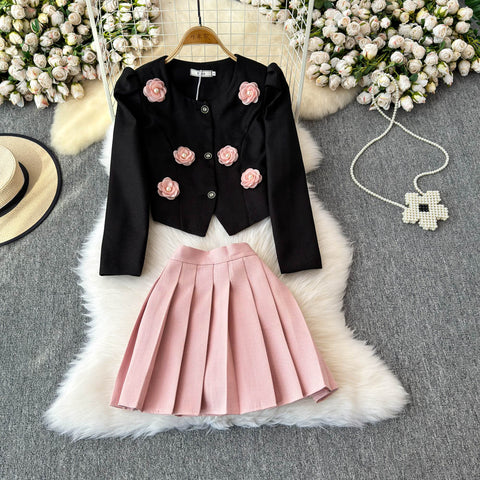 3D Rose Blazer&Pleated Skirt 2Pcs