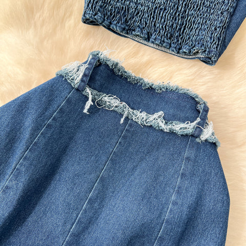 Tank Top & Fringed Skirt Denim 2Pcs