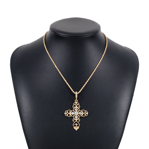 Skeletonized Rhinestone Cross Necklace&Earrings