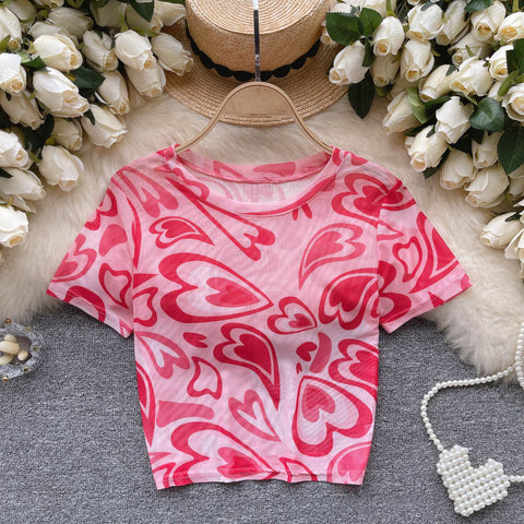 Heart Printed Mesh Bottoming Top