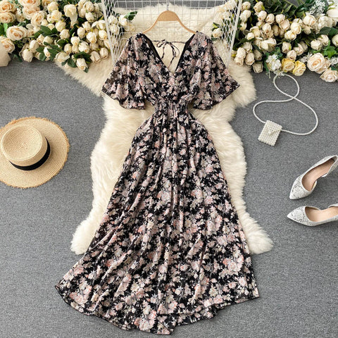 V-neck Slim Chiffon Floral Dress