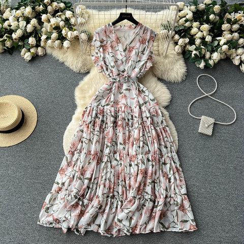 Vintage V-neck Sleeveless Floral Dress