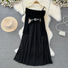 Elegant Slant Collar Pleated Black Dress