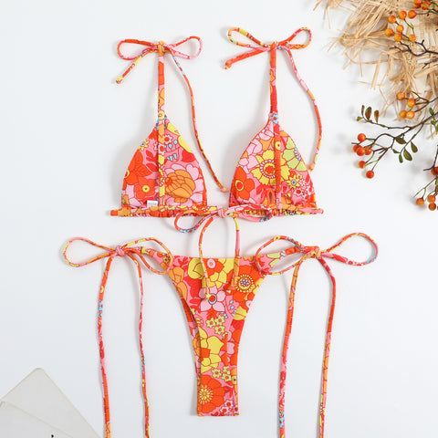 Leaf Printed Lace-up Bikini