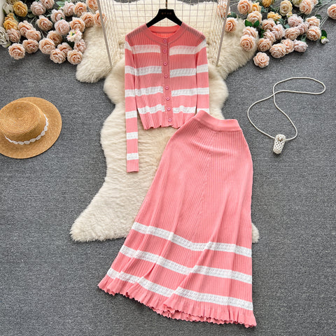 Striped Cardigan&A-line Skirt Knitted 2Pcs
