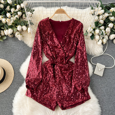 Deep V-neck Sequined Wide-leg Rompers