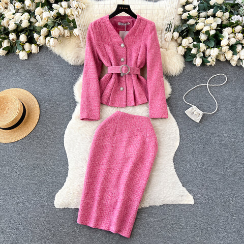 Single-breasted Blazer&Skirt Tweed 2Pcs