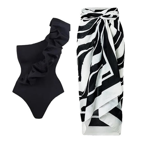 Black Layered One-piece Swimwear&Printed Skirt