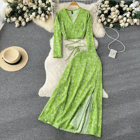 V-neck Top&Split Skirt Floral 2Pcs