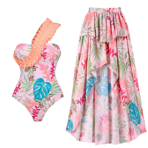 Pink Floral One-piece Swimwear&Pleated Skirt