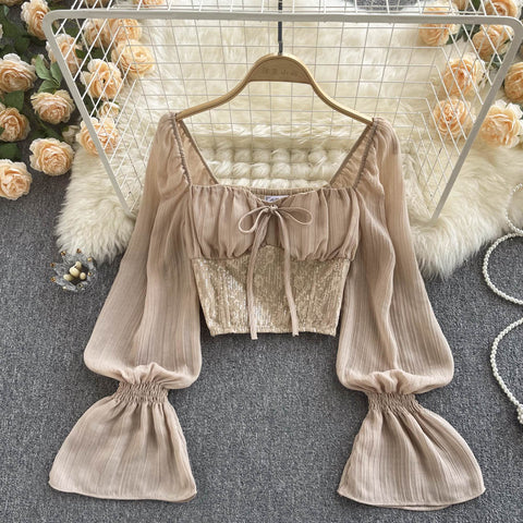 Midriff Baring Sequin Slim-fit Blouse