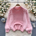 Round Collar Beaded Furry Sweater