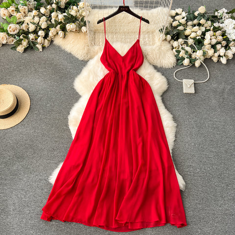 V-neck Backless Red Slip Dress