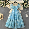 Bubble-sleeve Floral Organza Puffy Dress