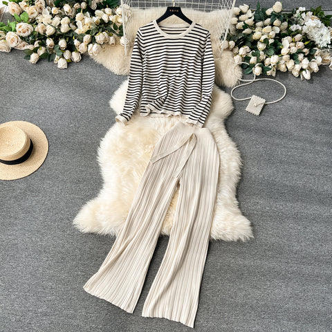 Striped Sweater&Draped Trousers Knitted 2Pcs