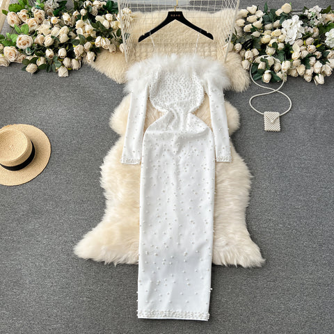 Furry Off-shoulder Beaded Party Dress
