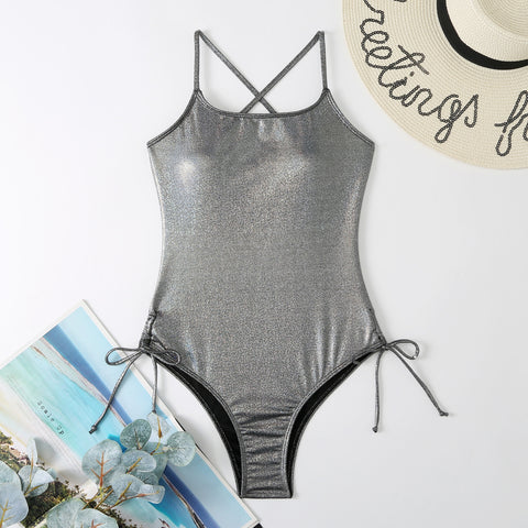 Backless Sided Drawstring Shiny Onepiece Swimwear