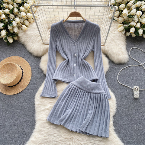 V-neck Cardigan&Pleated Skirt Knitted 2Pcs