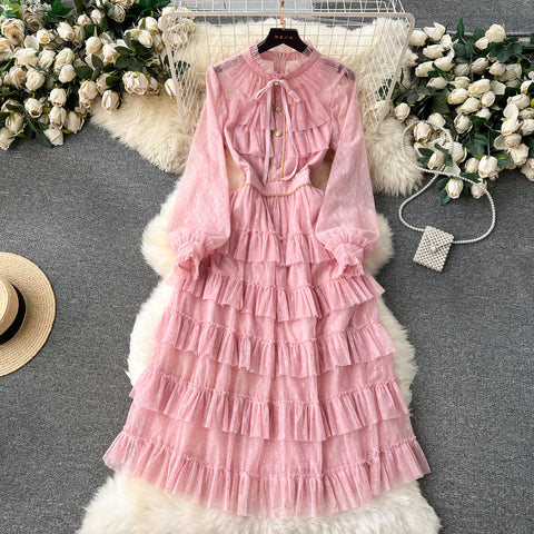 Courtly Lace-up Pleated Layered Mesh Dress