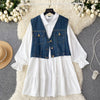 Denim Vest&White Shirt Dress 2Pcs