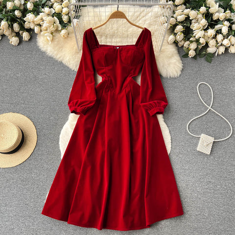 Square Collar Solid Suede Dress