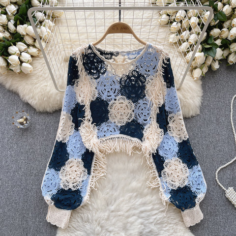 Flared Sleeve Hollowed Crochet Knitted Top