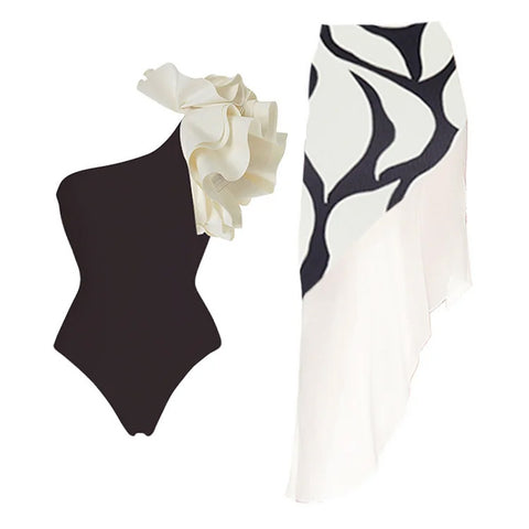 Color Blocking Layered One-piece Swimwear&Skirt